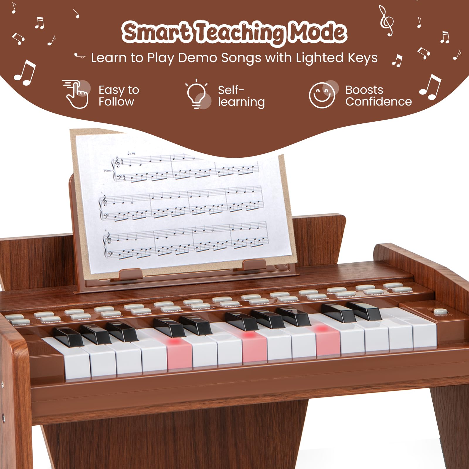 KOMFOTTEU Clavier 25 Touches pour Enfants, Piano Électronique avec Touche Lumineuse & Pupitre, Piano Numérique pour Enfant de 3 Ans+, Enregistrement & Lecture, Mode Apprentissage (Marron)
