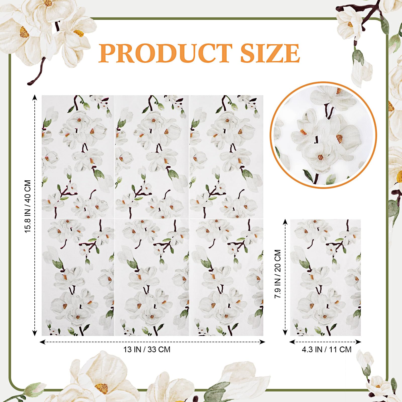 Outus 200 servilletas de flores blancas con magnolia para invitados, 3 capas, servilletas de mano desechables para baño, servilletas de papel decorativas para bodas, fiestas (plegadas de 7.9 x 4.3