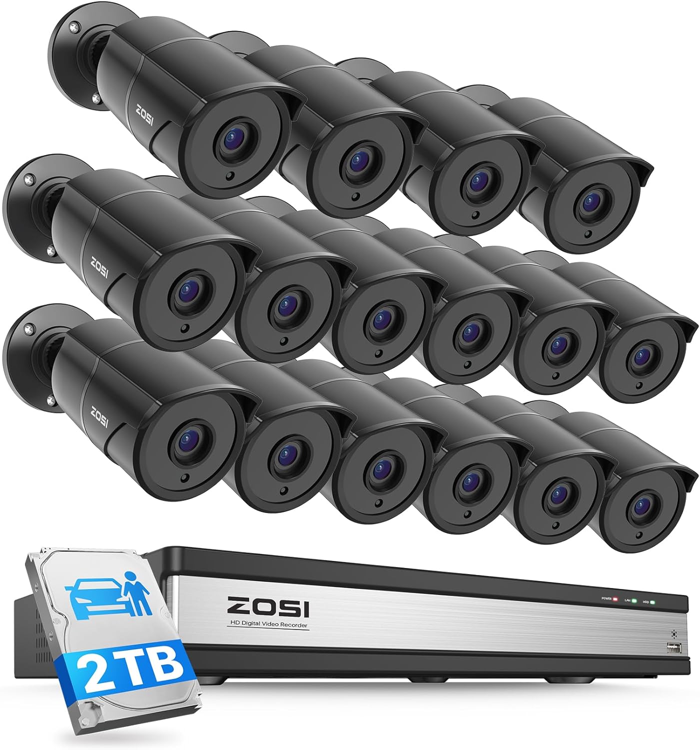 ZOSI 16CH 3K Lite Wired Security Camera System with Audio, AI Human/Vehicle Detection, 120FT Night Vision, 16 x 1080P Metal Indoor Outdoor Cameras, 16 Channel CCTV DVR with 2TB HDD for 24/7 Recording