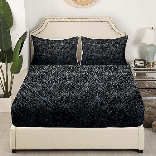 Miniatura 10 de Erosebridal Juego de sábanas de tela de araña, feliz Halloween, juego de sábanas de rayas geométricas, juego de ropa de cama tamaño King, color