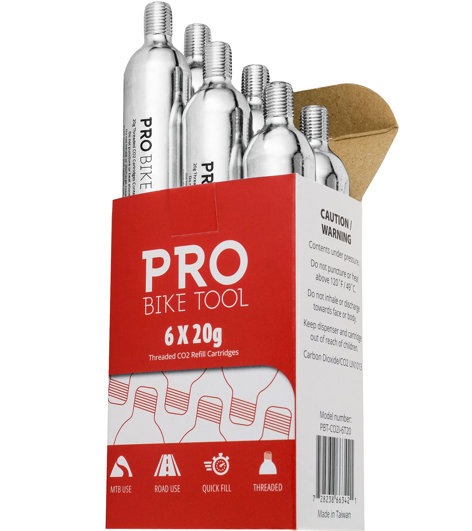 20g Threaded CO2 Cartridges - 6 Pack for All CO2 Bike Tire Inflators with Threaded Connection - Quick Air Refill for Bicycle Tires - Cartridge for CO2 Pump - Road or MTB Bikes.