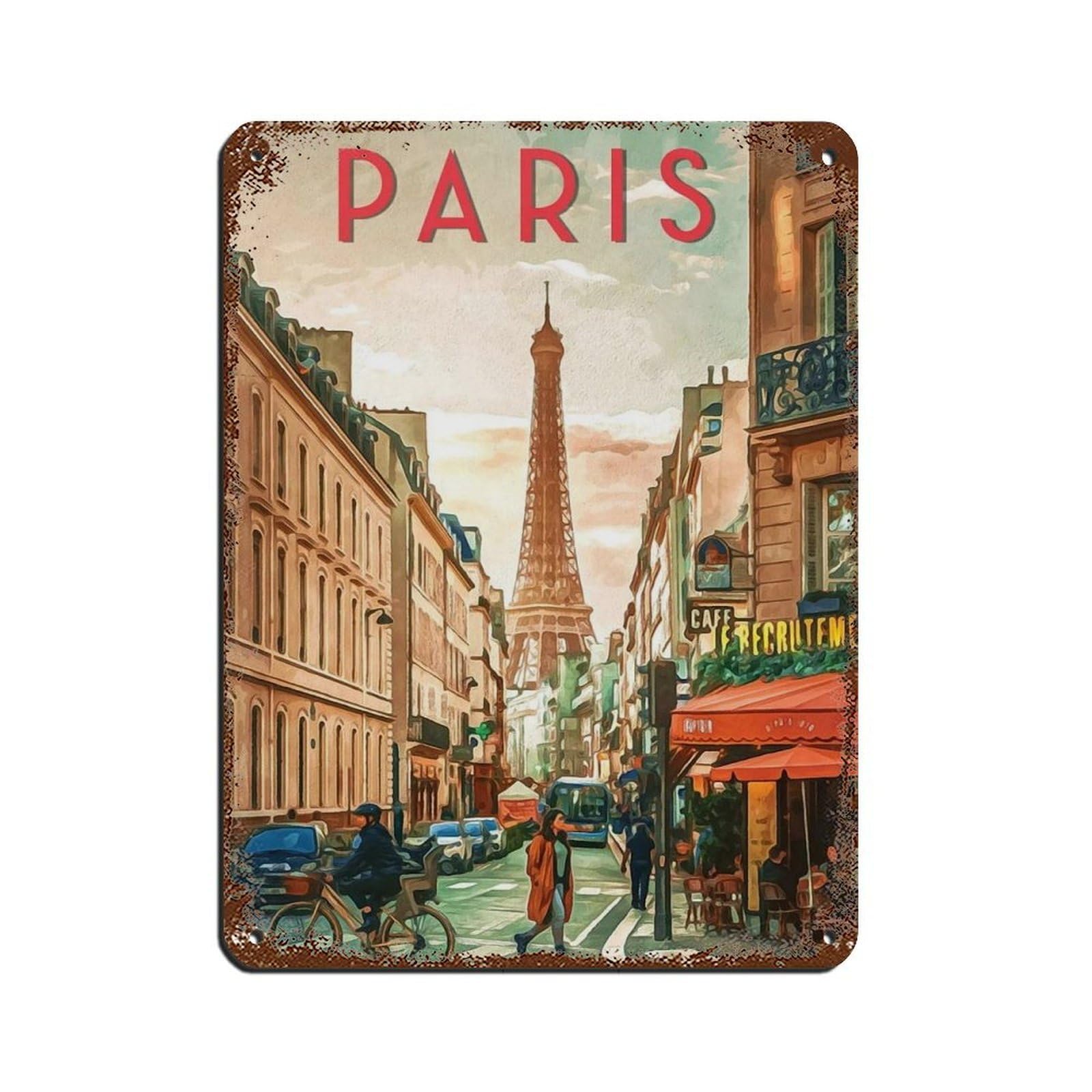 Paris Travel Poster, France Poster Retro Poster Metal Tin Sign Chic Art Retro Iron Painting Bar People Cave Cafe Family Garage Poster Wall Decoration 12x16inch(30x40cm)