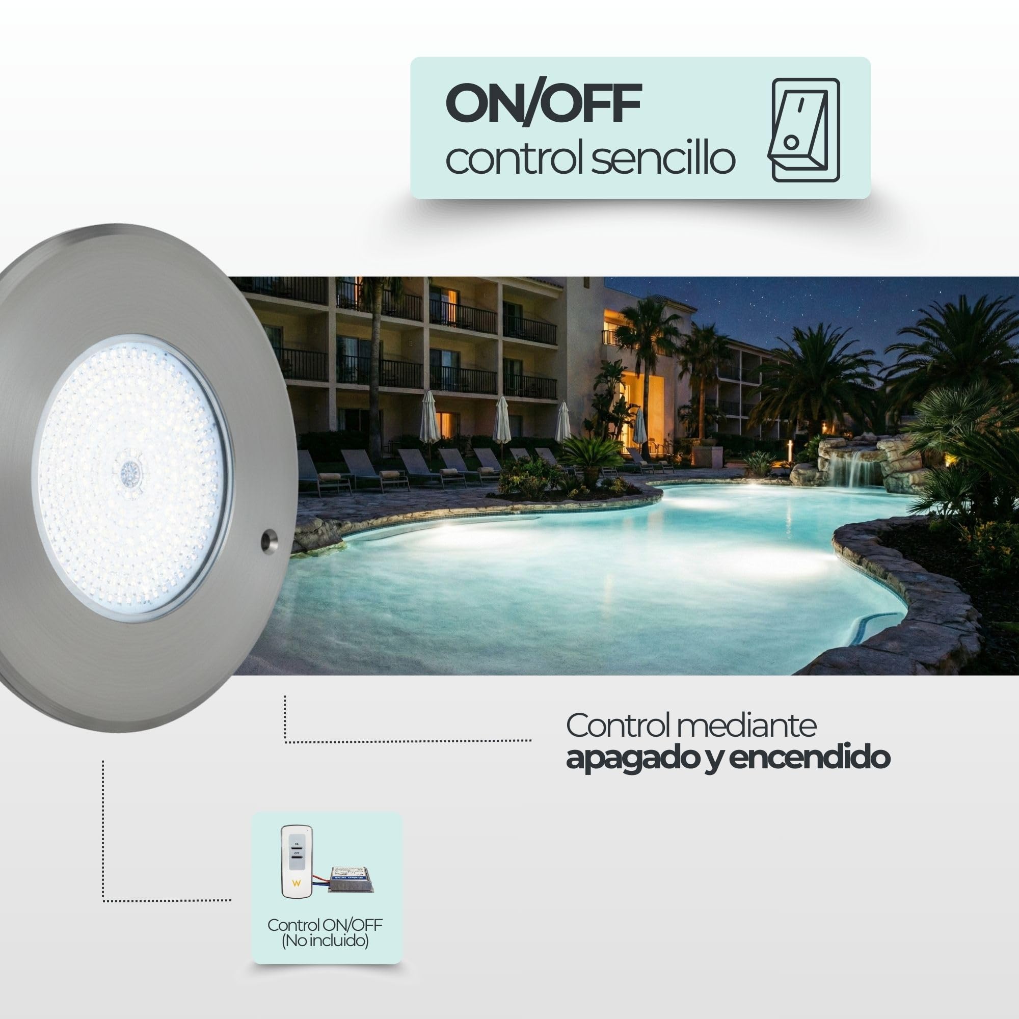 SWIMHOME Warmpool Foco LED Mini para Piscina Extraplano Acero Inoxidable Blanco Frío 6000K IP68 Resina Ø16cm 10W 12V AC