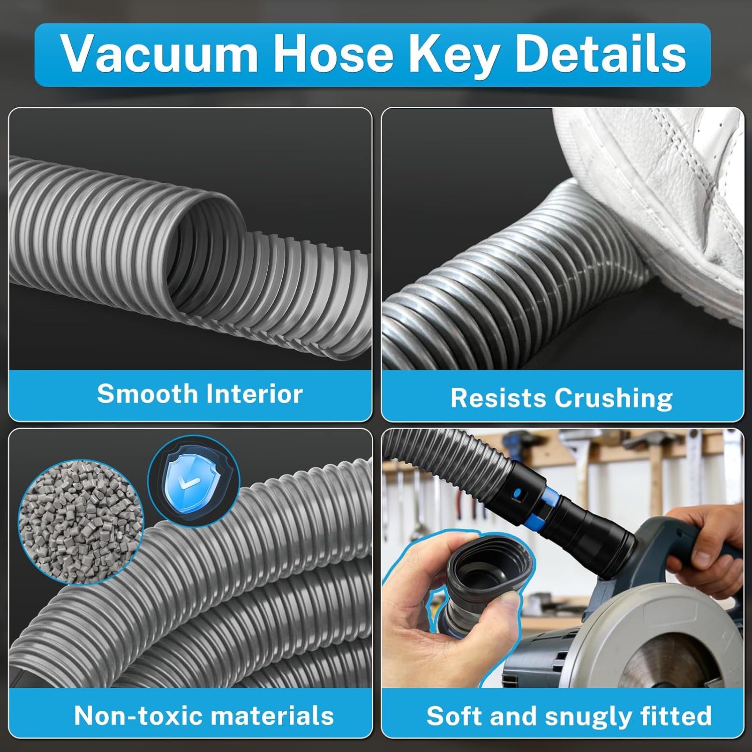 Hon&Guan 10 Ft Shop Vac Hose Kit with Quick-Connect Adapters, Flexible 1 ¼″ Vacuum Hose Compatible with Home & Shop Vac, Expanded Multi-Brand Power Tool Adapter Set (1¼″ to 2 ¼″)