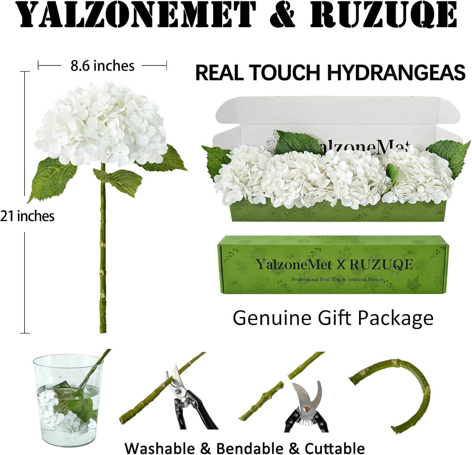 YalzoneMet 4Pcs Real Touch Hydrangea White Artificial Flowers 21'' Faux Latex Big Hydrangea Flowers for Wedding Table Centerpieces Fake Flowers for Party Home Kitchen Living Room Decor