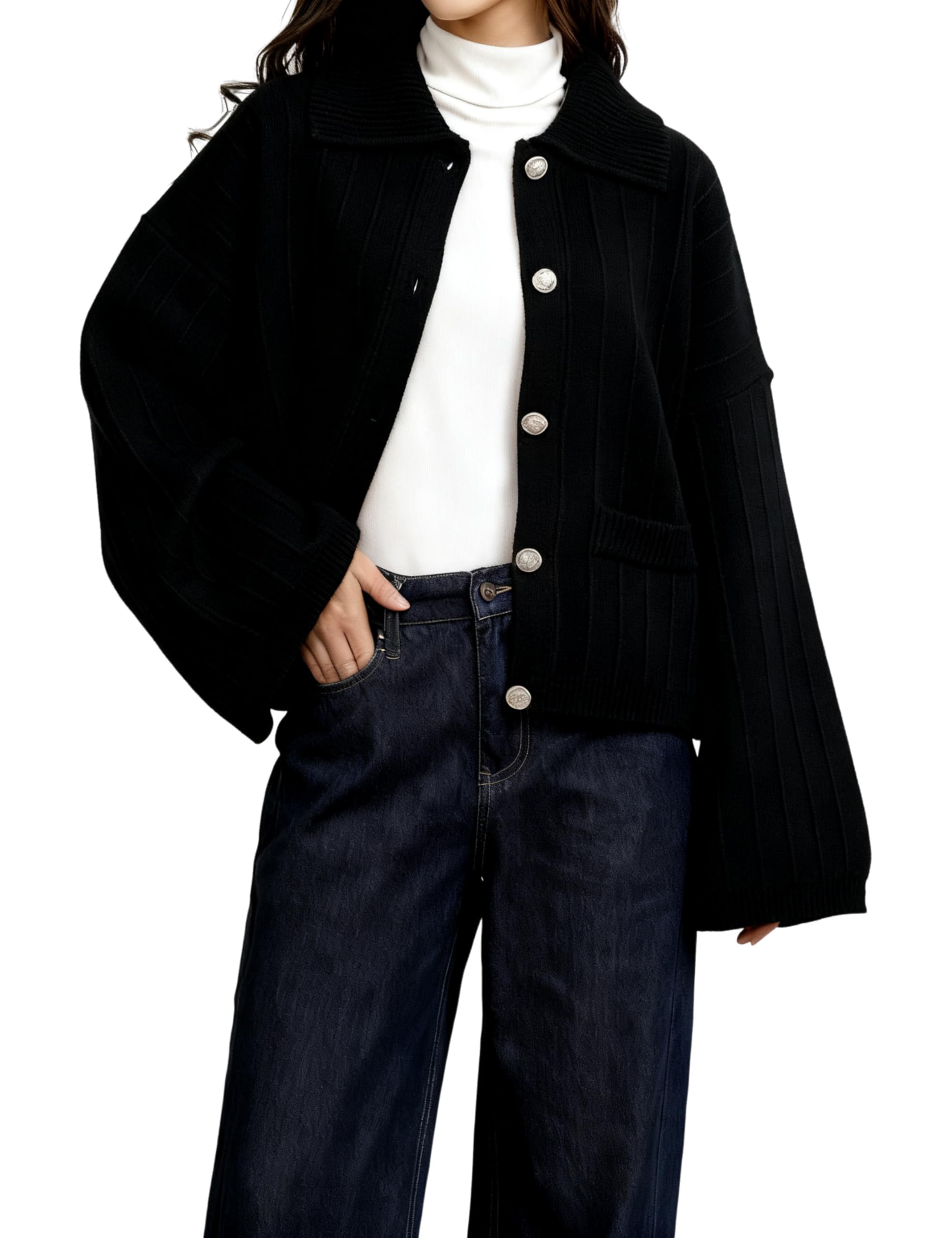 Faleave Womens Collared Knit Cardigan Sweater Long Sleeve Button Down Open Front Jacket Casual Outerwear with Pockets