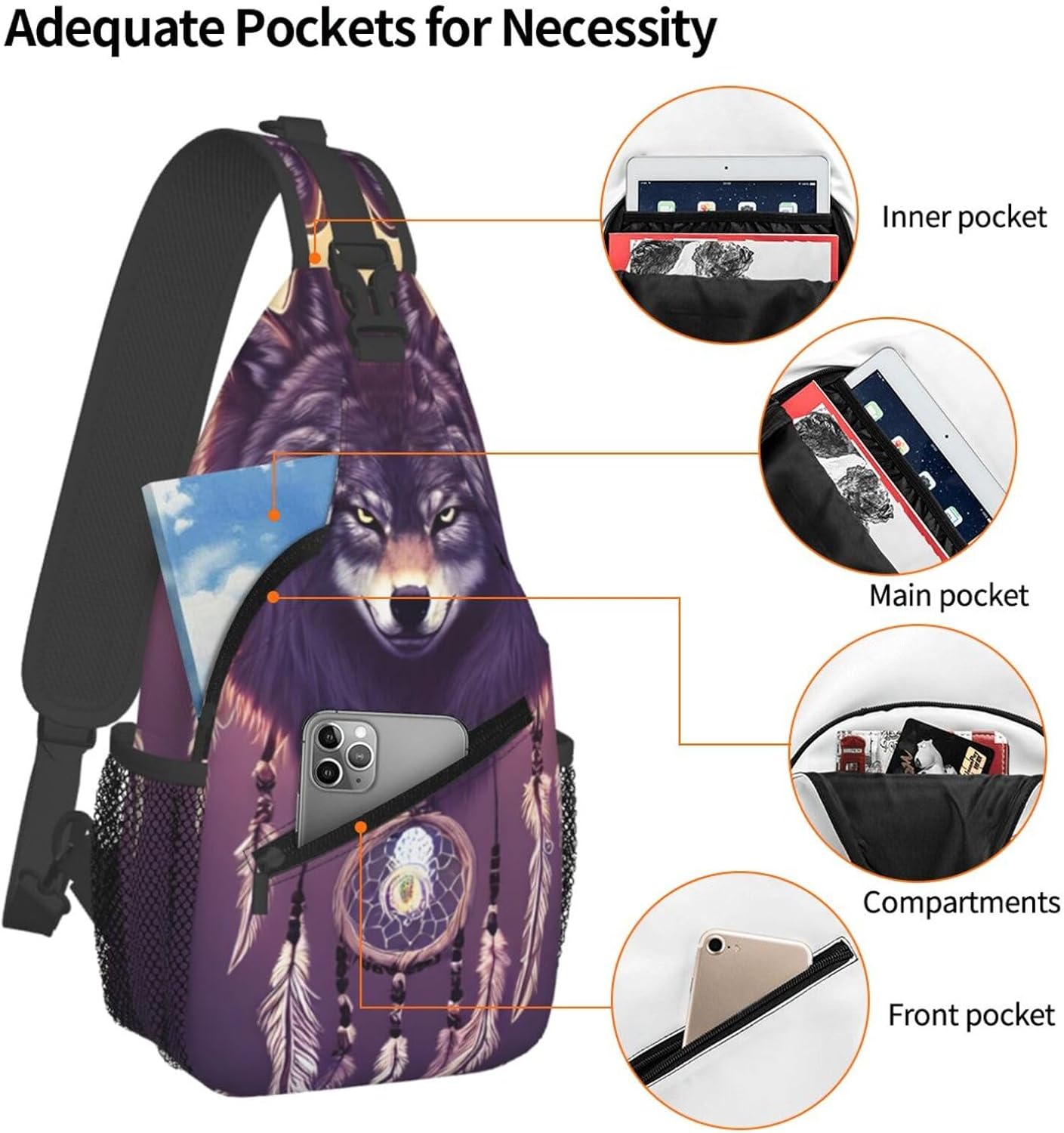 Dream Catcher Wolf Sling Bag For Women Men Wolf Pattern Backpack Crossbody Shoulder Bag Sling Backpack Chest Bag Travel Hiking Casual Sport Daypack - Image 4