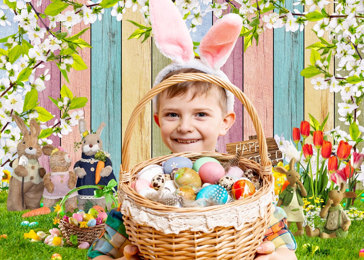 Poster Paques Toile Fond Printemps Pâques MEHOFOND - Lapins œufs  Arc-en-ciel 2,1x1,5m Bannière Fête Pâques, image size:1240x886