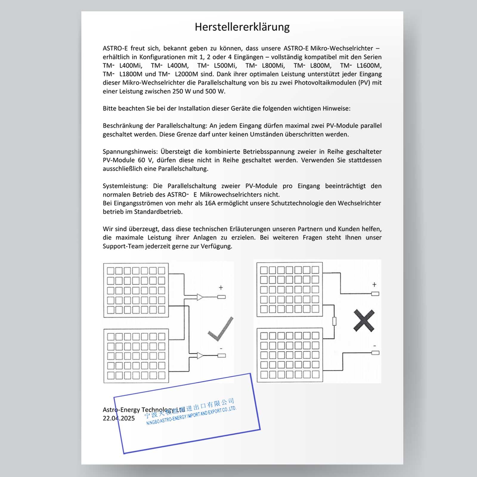 SUNNIVA® 1700W Balkonkraftwerk 800W komplett Steckdose - Astro-Energy 800W Micro Wechselrichter - PV Solaranlage Komplettset, 4x 425W (1700W) Solarmodule, inkl.5m Kabel, Y-Verteiler, Bluetooth, WIFI