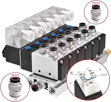Heschen Electrical Pneumatic 6 Solenoid Valve, 4V210-08, AC220V Coil, PT1/4'' Port, 5 Way 2 Position, Manifold Base, Muffler, Quick Fittings Set