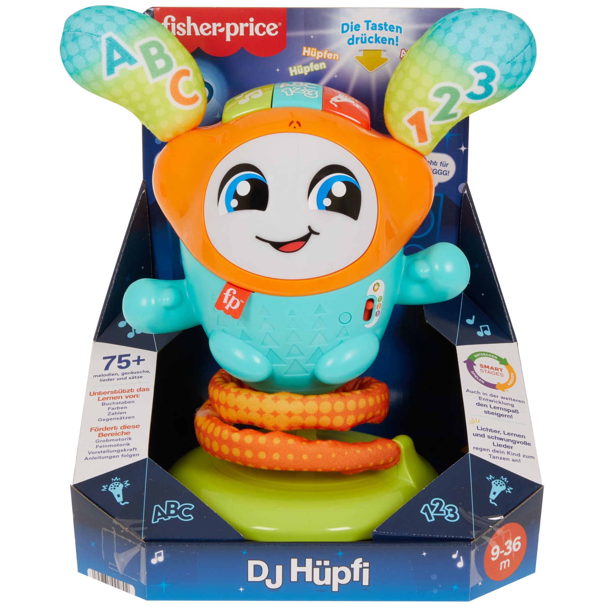 Fisher-Price Boti Robotito Saltarín, juguete electrónico para aprender letras y números, regalo para bebé +9 meses, versión ALEMÁN (HJP94)