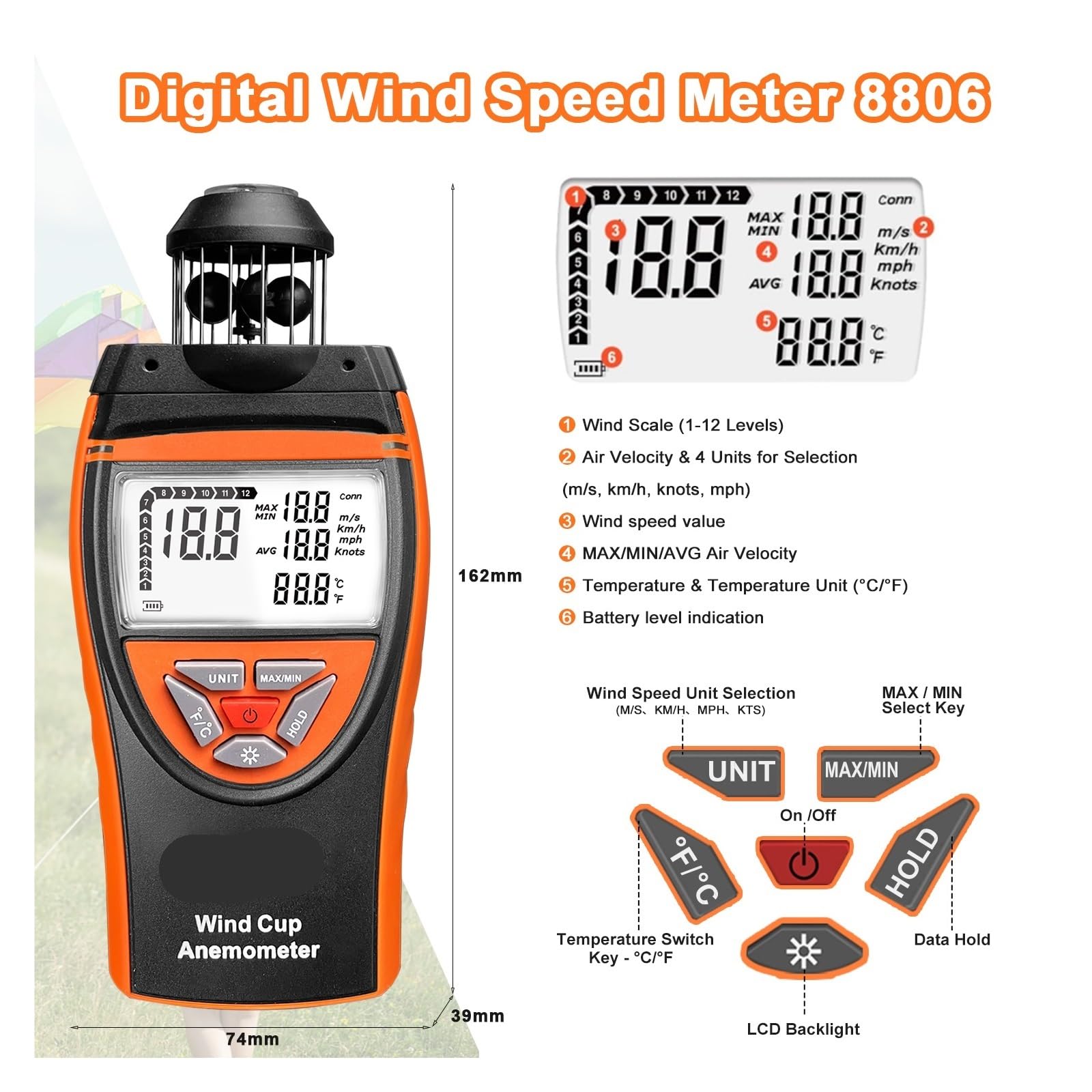 Anemómetro, Anemómetro de velocidad del viento de 0,8 a 150 km/h, medidor de temperatura y promedio del viento de alta precisión con brújula y registro de datos.