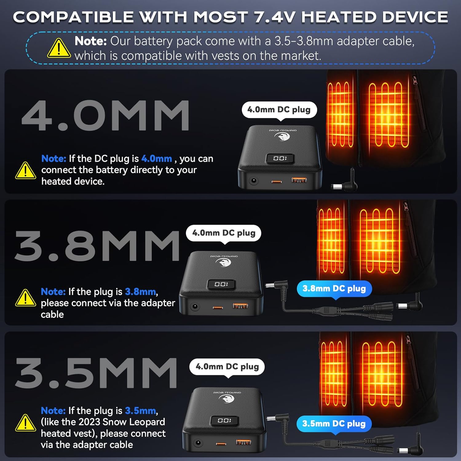 SNOW LEOPARD Heated Vest Battery Pack 7.4v 16000mah Power Bank for Heated Jacket with LED Display Battery Pack for Heating Vest with Dc/USB/Type-C Output for Heated Blanket Clothing for Men Women