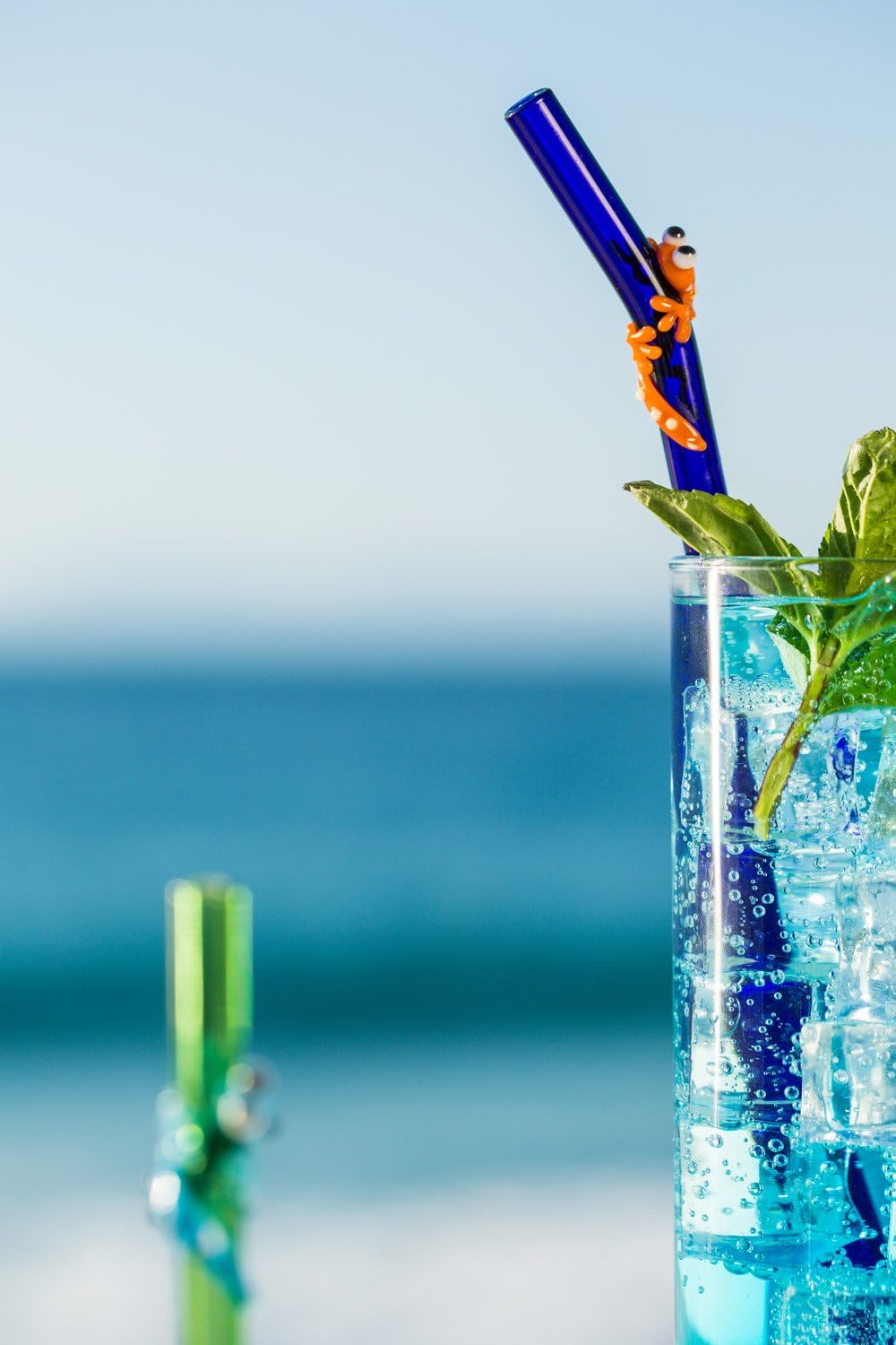 Hummingbird Glass Straws Orange Gecko on 9" Blue Bent Glass Straw Made With Pride in USA - Includes Cleaning Brush