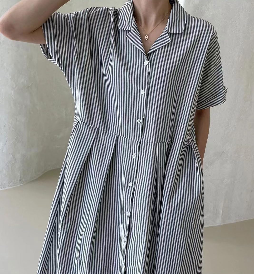 chouyatou Women's Cotton Striped Shirt Dress Button Up Short Sleeve Midi Long Shift Dress with Pockets - Image 2