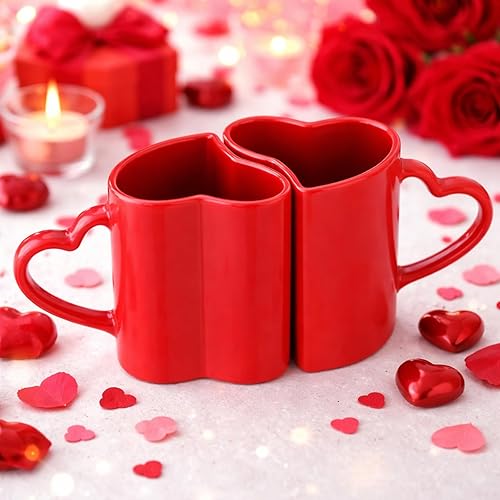 Domensi 2 Pcs Valentines Heart Shaped Mugs Red Heart Coffee