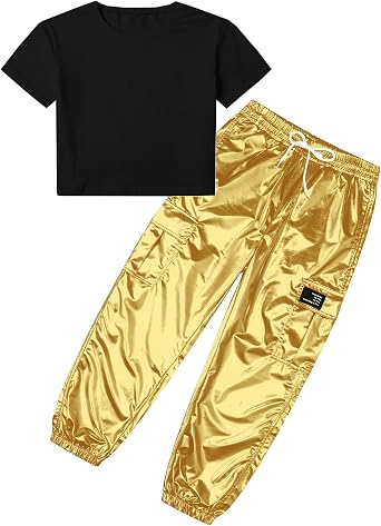 SANGTREE Girls 2 Piece Outfits T-Shirt and Drawstring Cargo Jogger Pants Clothing Set, 4-14 Years
