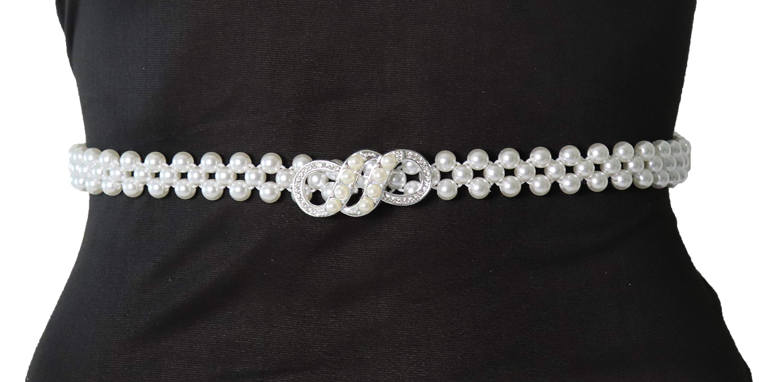 Women Stretch Imitation Pearl Belt,Rhinestones Interlocking Buckle Dress Elastic Waist Belts for Party Dress and Wedding Dresses Sash
