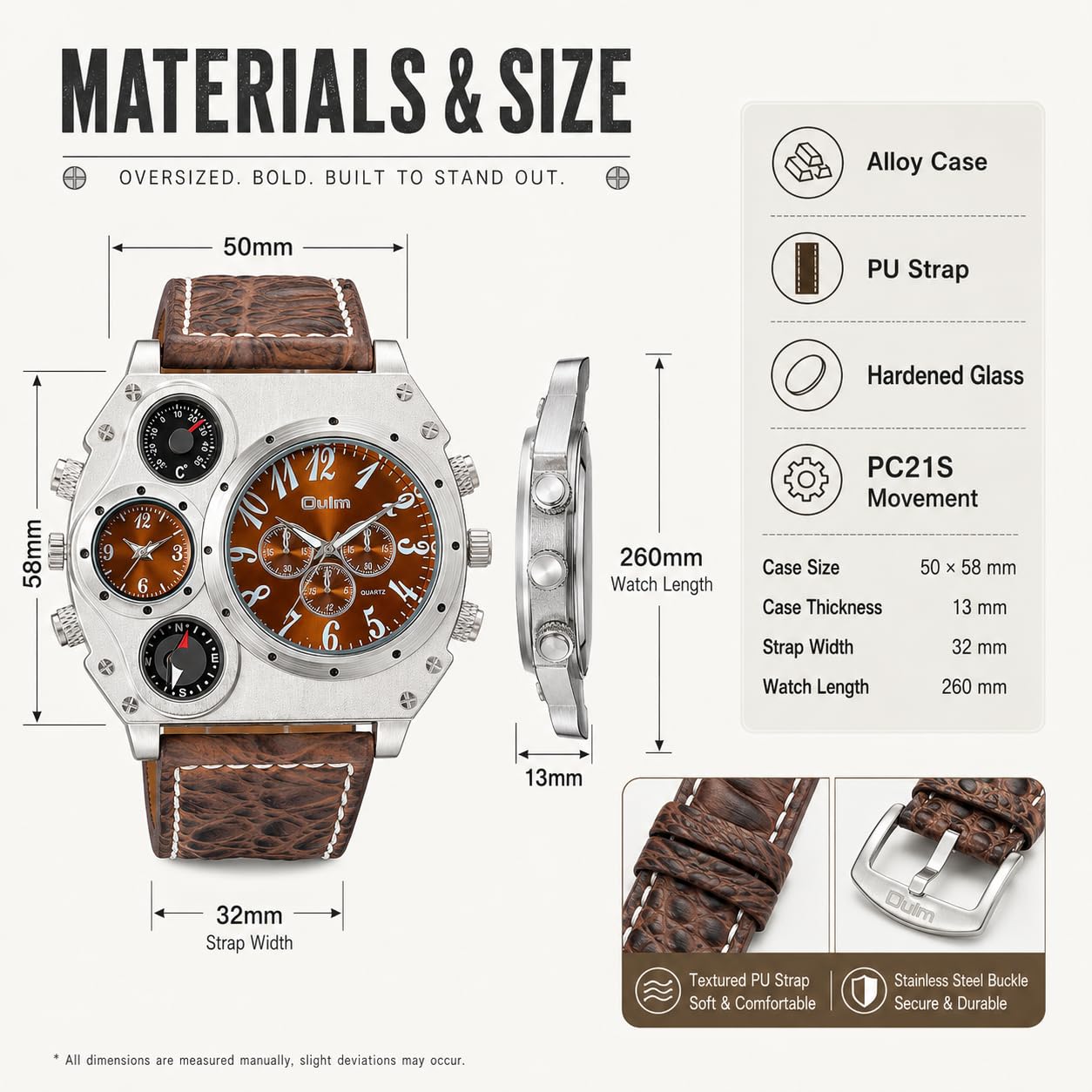 MASTOP Montre à quartz multifonction surdimensionnée pour homme avec grand cadran, double fuseaux horaires, boussole décorative et thermomètre, style militaire steampunk bracelet en cuir, cadeau pour