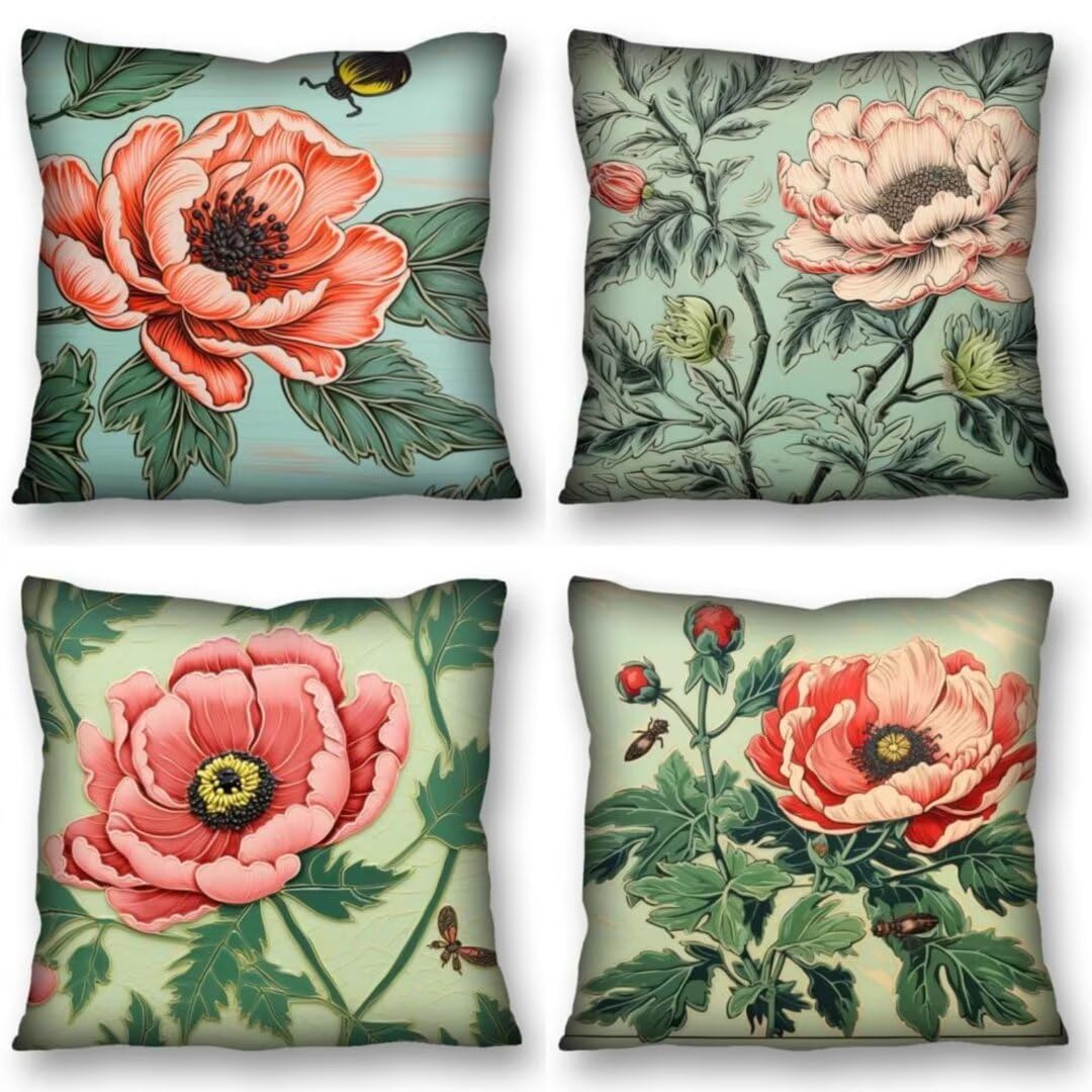 Juego de 4 Fundas de Cojines 70x70 cm Cojines floración flor Funda Cojin Cuadrados de Lino Fundas Cojines Sofá Cojines Decorativos para Salón Sofá Dormitorio Coche Jardín Silla Decoración del Hogar