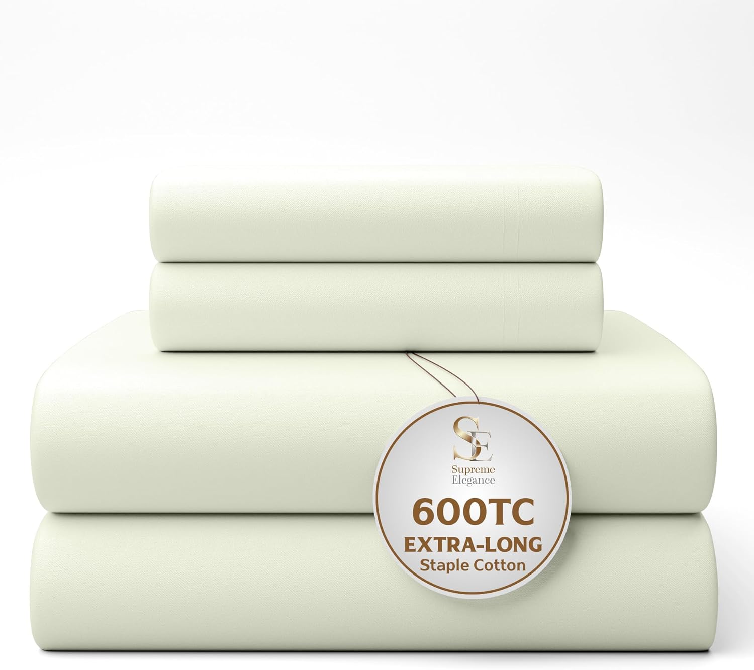 100% Cotton Queen Ivory Sheets, 600-Thread-Count 4-Piece Sateen Weave Sheet Set, Ultra Soft & Silky, Wrinkle-Resistant, Low Pill, Low Shrink, With Elasticized Deep Pocket, Luxury Queen Bedding Set