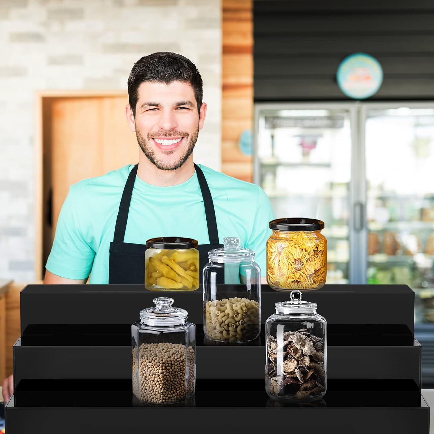 CiaoHER Large Acrylic Wine Liquor Bottle Rack 24x12.5x6.5 in 3 Tier Black Countertop Riser Display for Bar Coffee Leisure Station Retail Store Shop Grocery Collection Organizer Stand