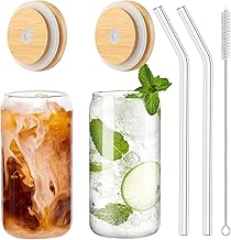 Panngu Bubble Tea Becher mit Deckel und Strohhalm 2er Set, Trinkgläser mit Bambusdeckel und Glasstrohhalm Eiskaffee Gläser für Ice Coffee, Cocktail, Smoothie Glas, Beer, Cold Cups 480ML