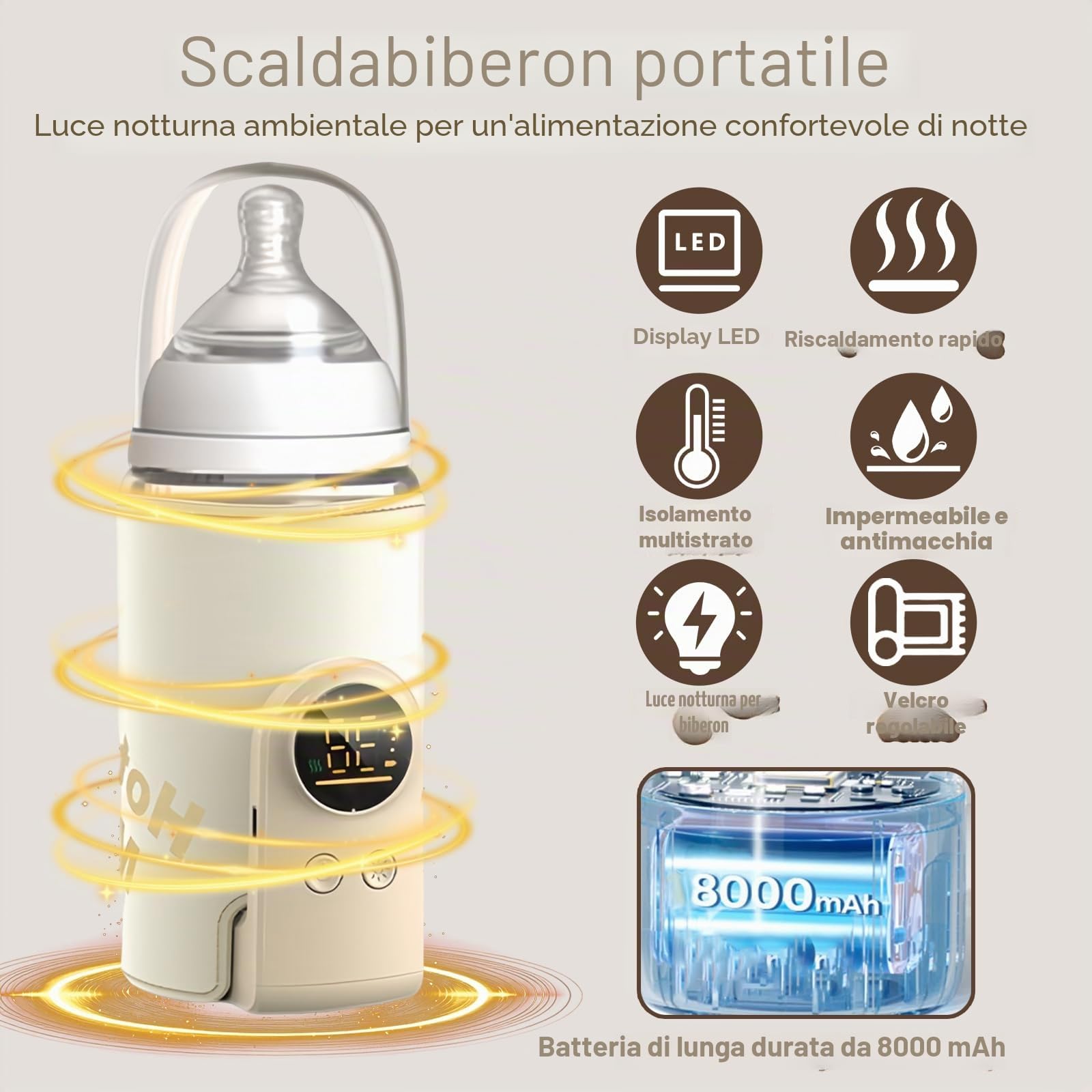 scaldabiberon per bambini, portatile, in viaggio con display LCD, ricarica USB, 6 temperature regolabili 38-50 ℃, scaldabagno per bambini in viaggio e in casa (beige)