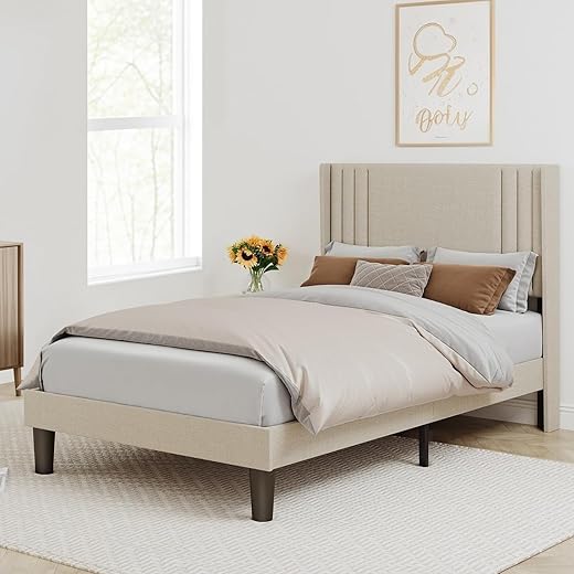 Bealife 120x200cm Upholstered Double Bed with Metal Frame, Wooden Slatted Frame, Plenty of Storage Space - Sturdy Construction, Easy to Assemble, Comfortable & Durable