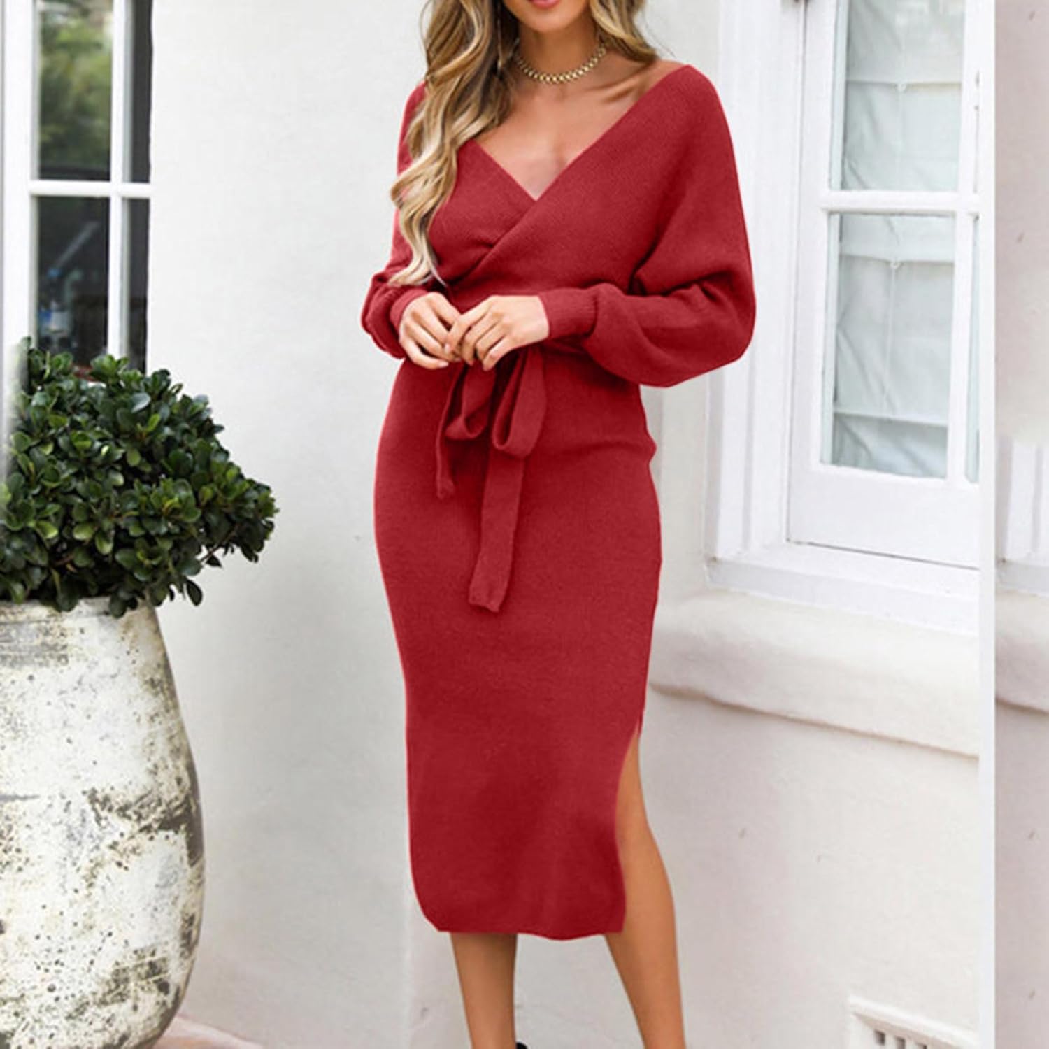 HGps8w Womens 2025 Long Sleeve Bodycon Sweater Dress Elegant Batwing V Neck Casual Belted Slim Fit Knit Slit Midi Dresses