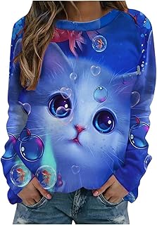 Amikadom D-R43 azul royal roupas gola canoa para mulheres outono inverno manga punho gato gráfico ajuste relaxado longo casual pulôver kawaii roupas moletom feminino 2023 roupas na moda Y2K LT G, D-r43 Azul royal, G