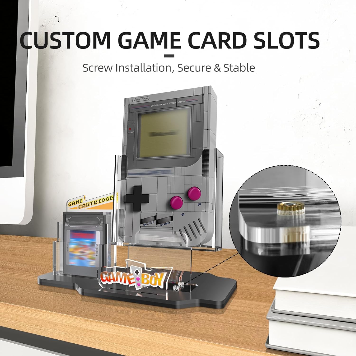 Acrylic Display Stand for Super Mario Game Boy, Display Holder for Lego 72046 Retro Building Sets with Game Cartridge Slot & Nameplate - Perfect Gifts for Men & Women