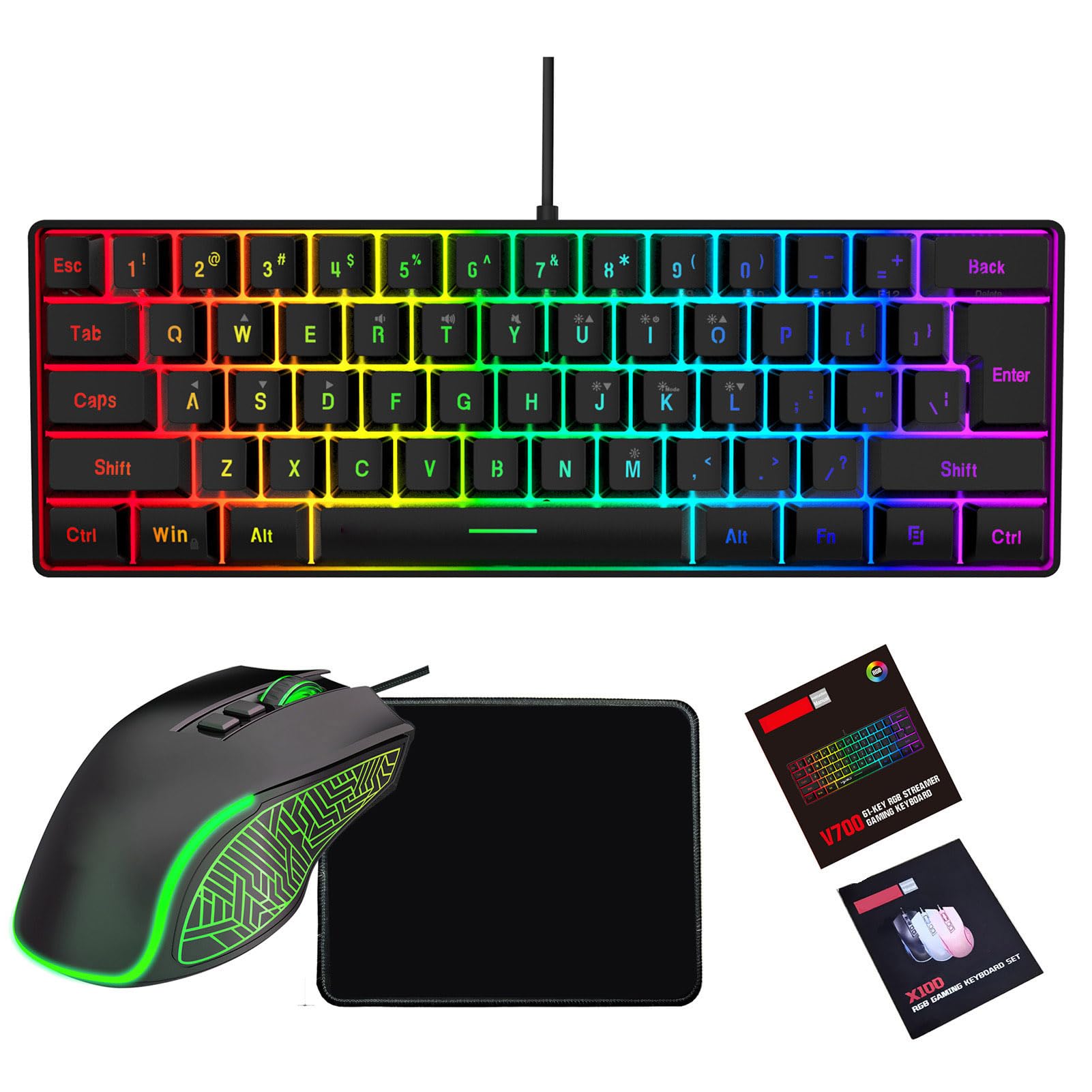 Goshyda Tastiera e Mouse da Gioco, Tastiera Retroilluminata RGB Personalizzabile, Combinazione Mouse Ergonomico con Tappetino per, per Giocare e Lavorare (insieme nero)