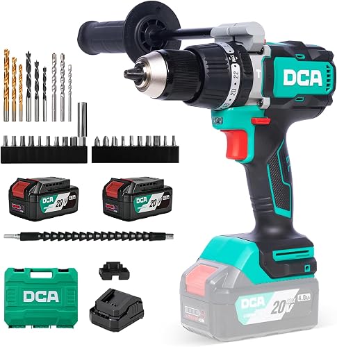DCA 20V Brushless Hammer Drill, 1062 in.lbs Torque Impact Drill, 1/2" Keyless All-Metal Chuck, 24+1+1 Clutch, 32000 IPM, Heavy-duty Cordless Drill Kit with 2x4.0Ah Battery for Brick Wall, Metal, Wood