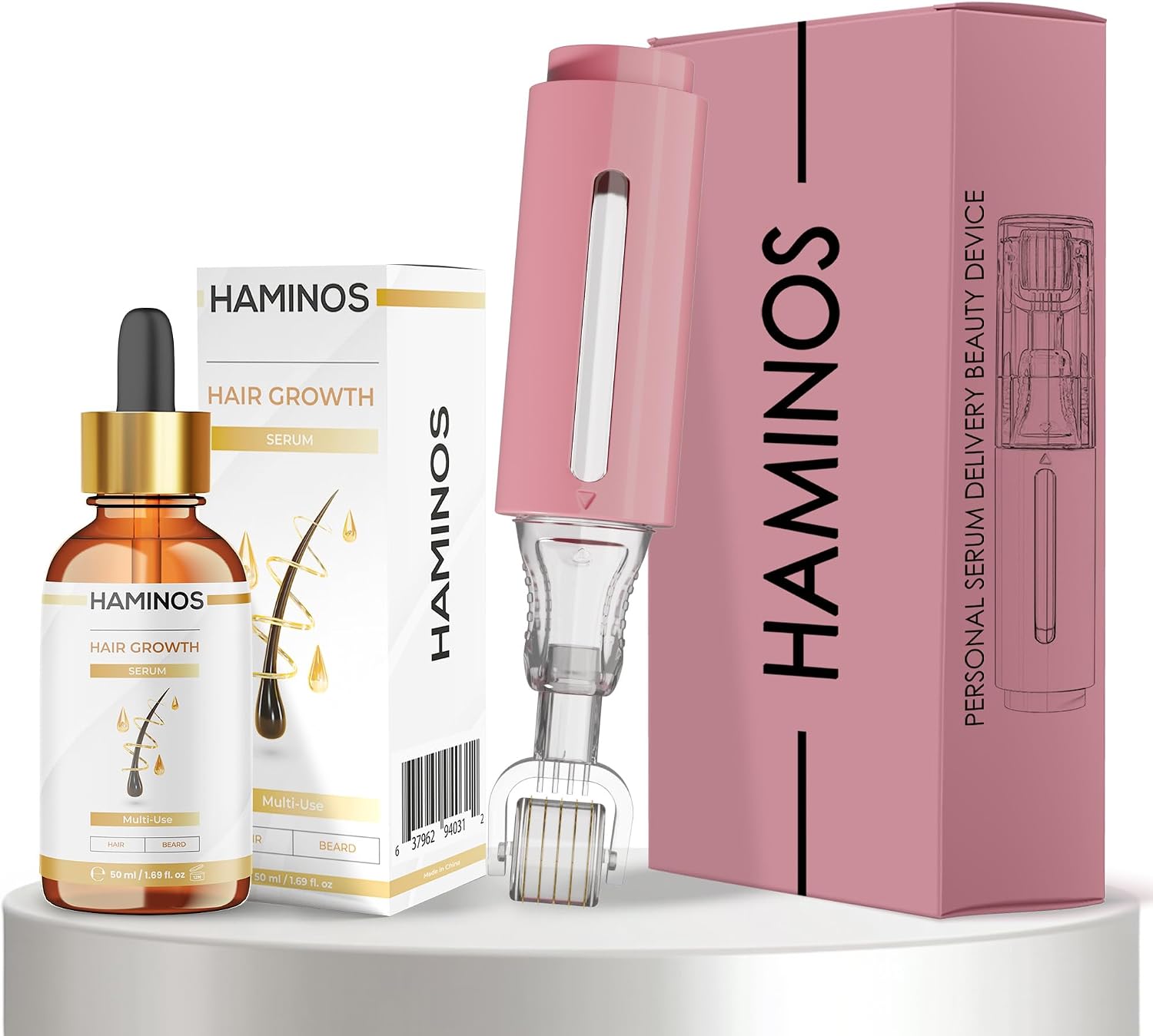 HAMINOS Derma Roller 0.5 mm with Hair Serum for Women, Microneedle Scalp Roller with Reservoir, Hair Care Serum Applicator for Hairline, Thinning-Looking Areas er-Looking Hair Routine