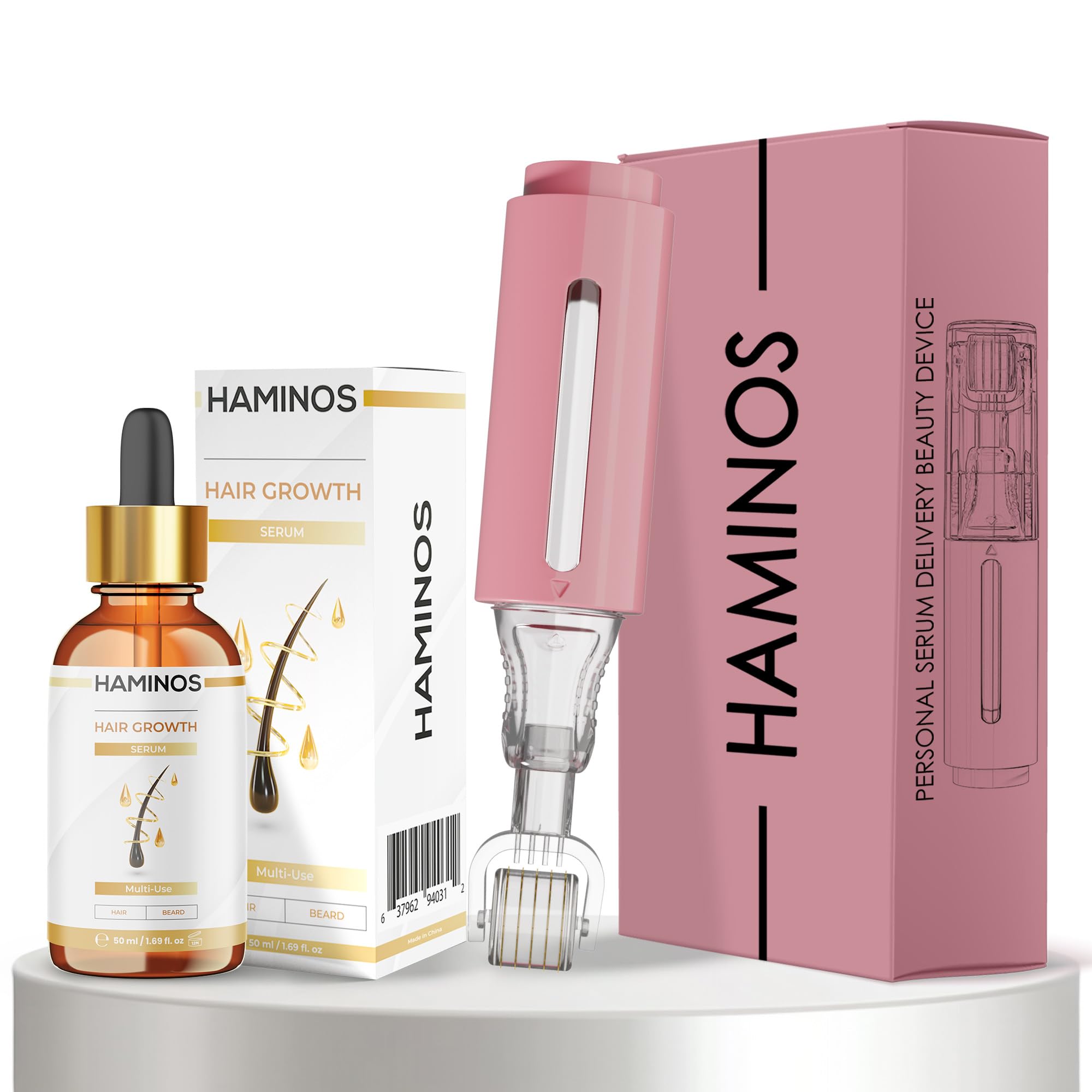 HAMINOS Derma Roller 0,5 mm con Sérum Capilar para Mujeres, Microneedle Roller con Depósito, Aplicador de Sérum para Cuero Cabelludo, Línea del Cabello, Raya y Zonas con Menor Densidad