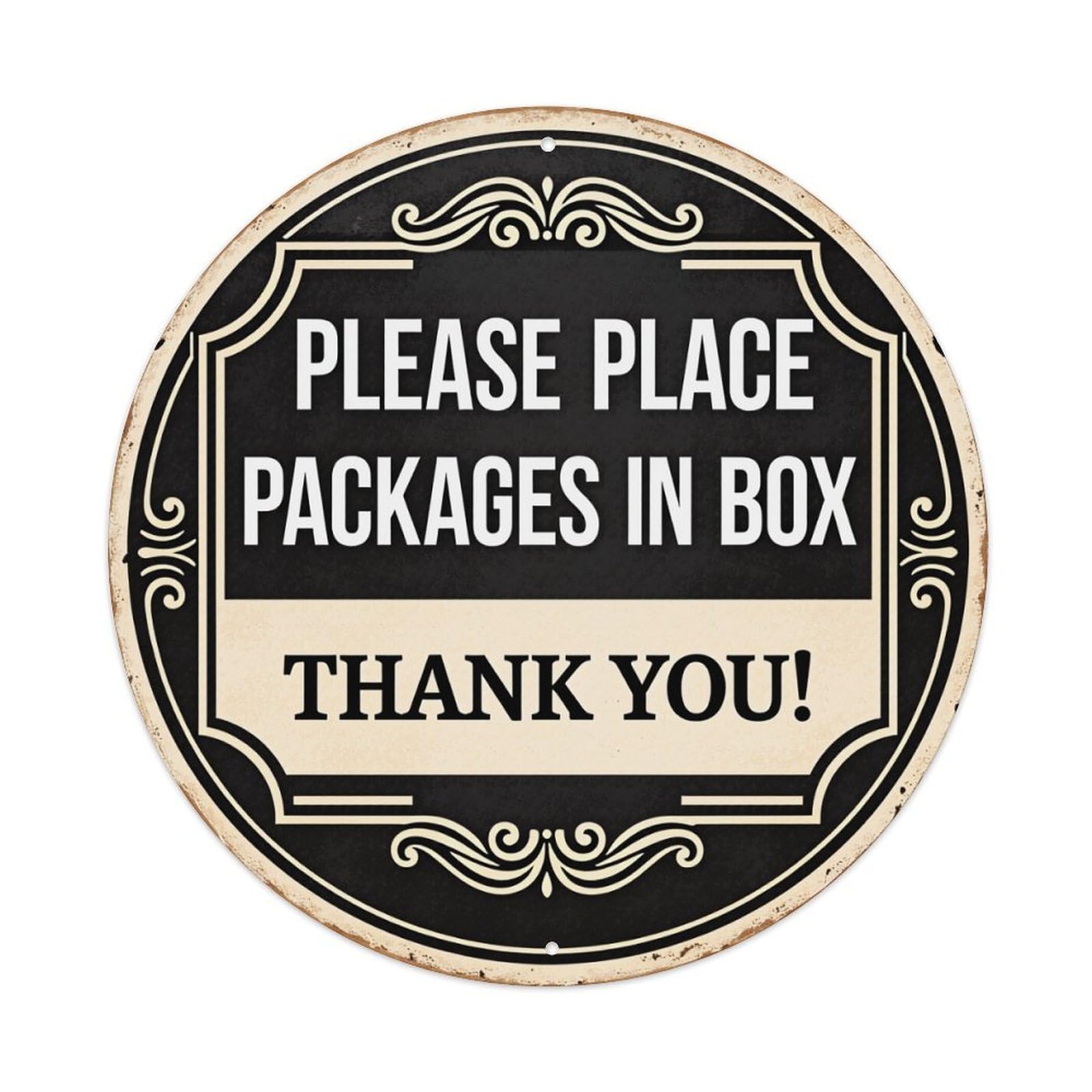 Please Place Packages In Box Thank You Round Tin Sign Vintage Style Metal Sign Home Bar Garden Wall Plaque Decor Metal Poster 8x8 Inch