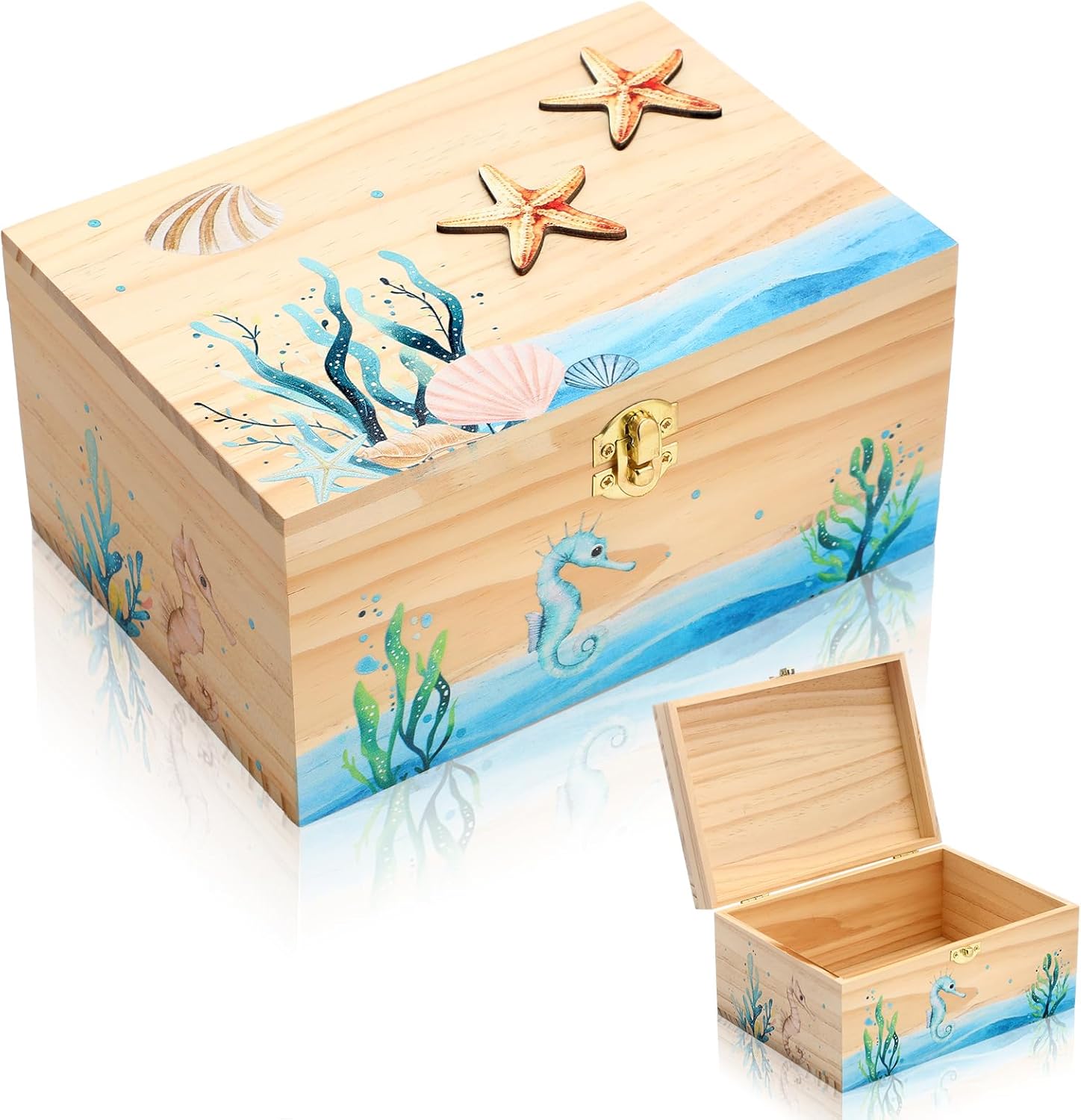 Geelin Large Ocean Wooden Jewelry Box 8.5'' x 6'' x 4.2'' Seashell Wood Keepsakes Box Tabletop Home Decor Sea Shell Memory Storage Organizer for Graduation High School College Birthday Party Gifts