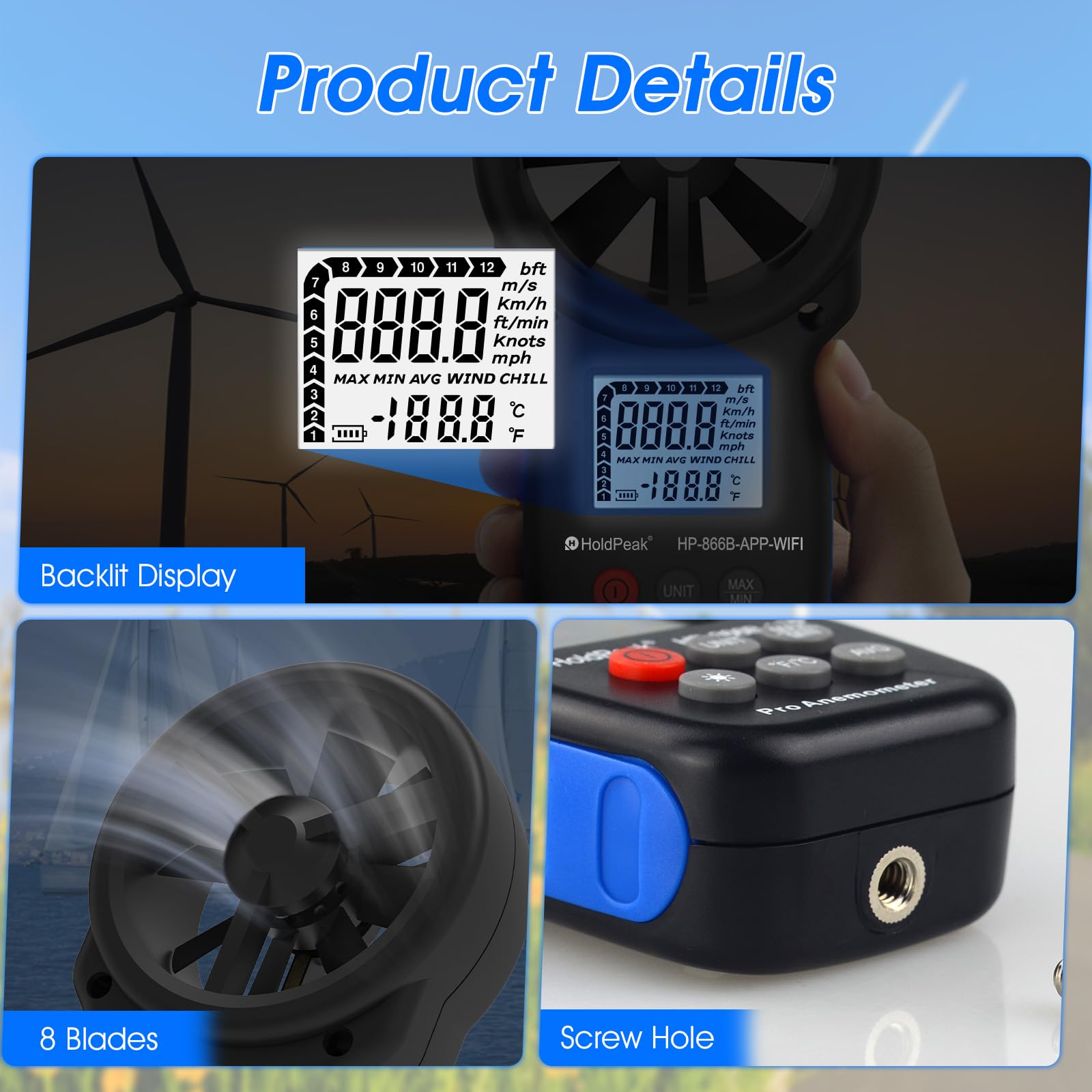 Holdpeak - Medidor de viento digital Bluetooth con aplicación para aire