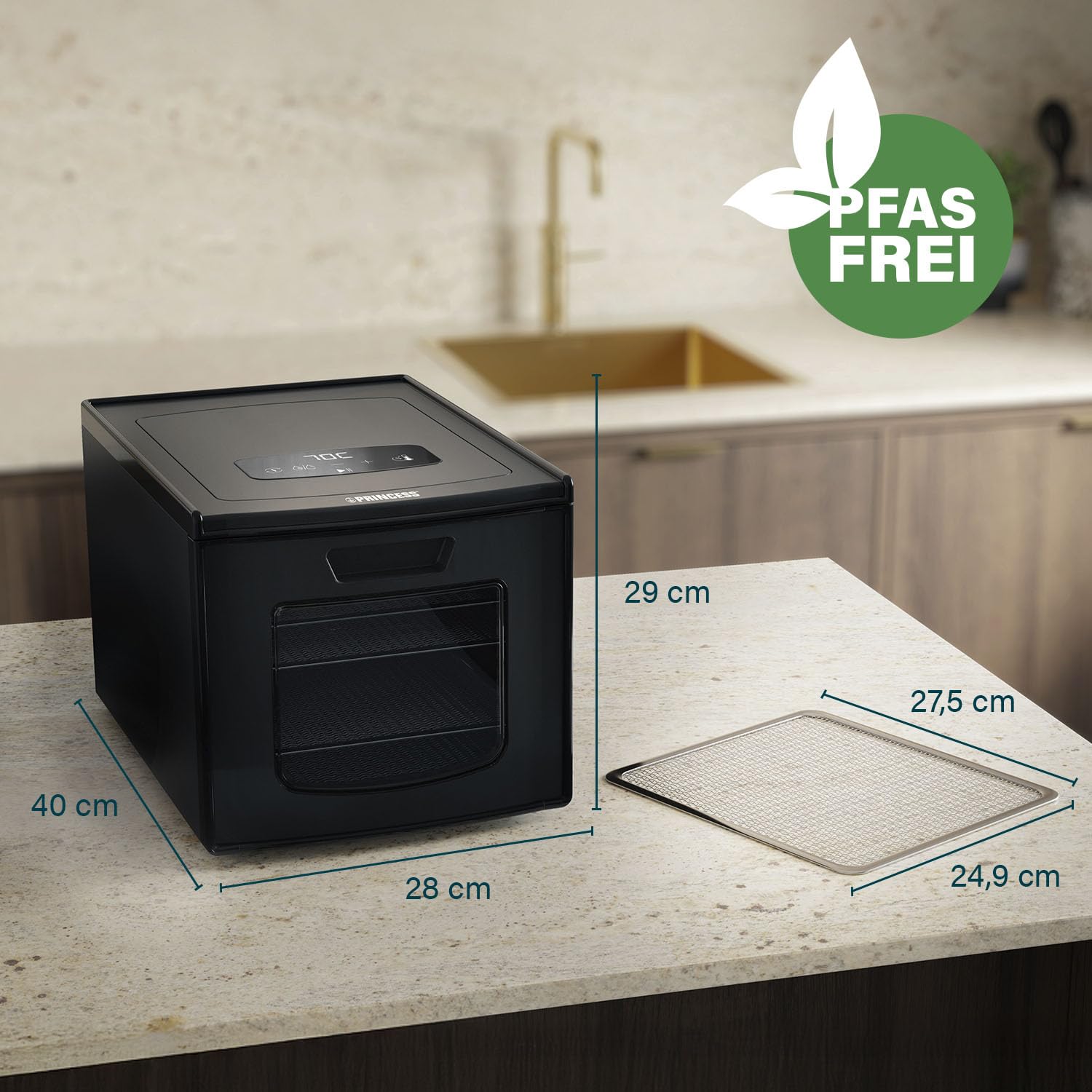 Princess Food Dehydrator mit 6 Edelstahl-Einschüben, Einstellbare Temperatur, Touchscreen, Timer bis 48 Stunden, 550 W, 01.112398.01.001