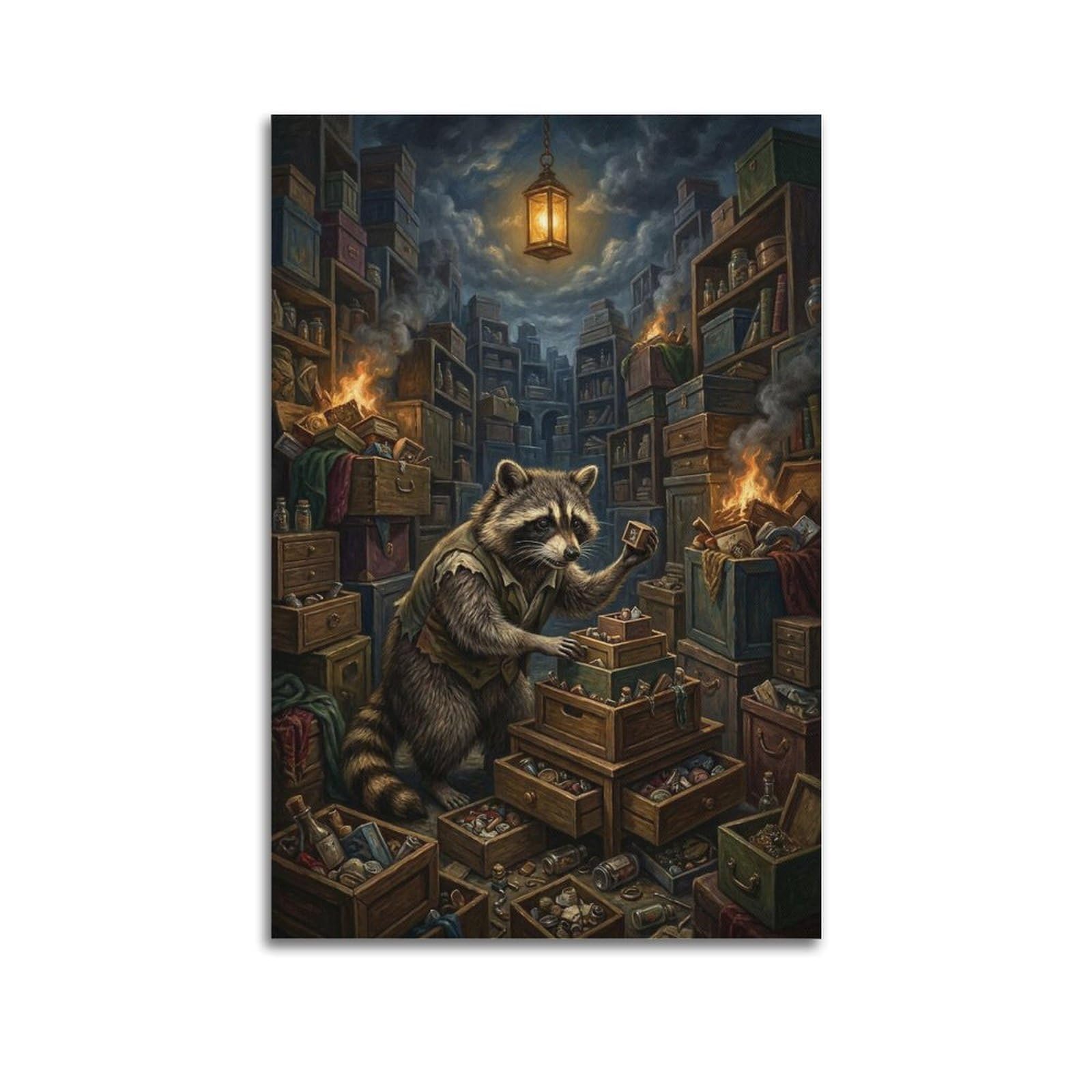 XKUGA Surreal Vintage Animal Poster Raccoon Organizing Chaos Modern Decorative Canvas Prints - Ideal Wall Art for Family, Man Cave, Game Room, Boys & Girls Bedroom 20x30inch(50x75cm)