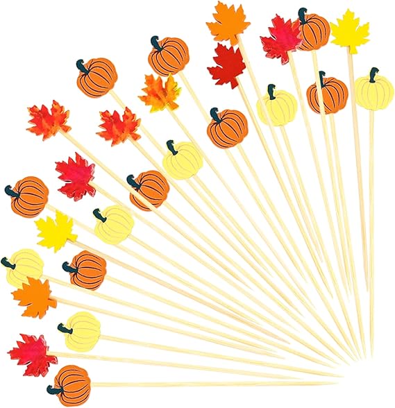 BOKFJBP 100PCS Cocktail Sticks, 4.7 Inch Leaves Pumpkins Acorns Fancy Toothpicks Bamboo Burger Sticks Cocktail Skewers Cocktail Accessories For Drinks
