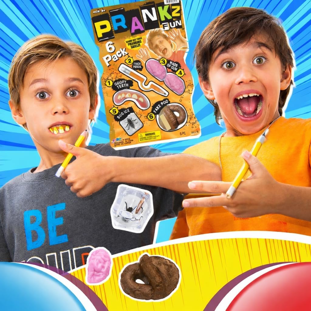 JA-RU Pranks Kit for Kids Gags Toys (1 Set) 6 Different Cool Stuff Scary Prop Set. Prankz Gaging Fun Pranking April Fools Bag Gifts Party Favor Stocker 6416-1p