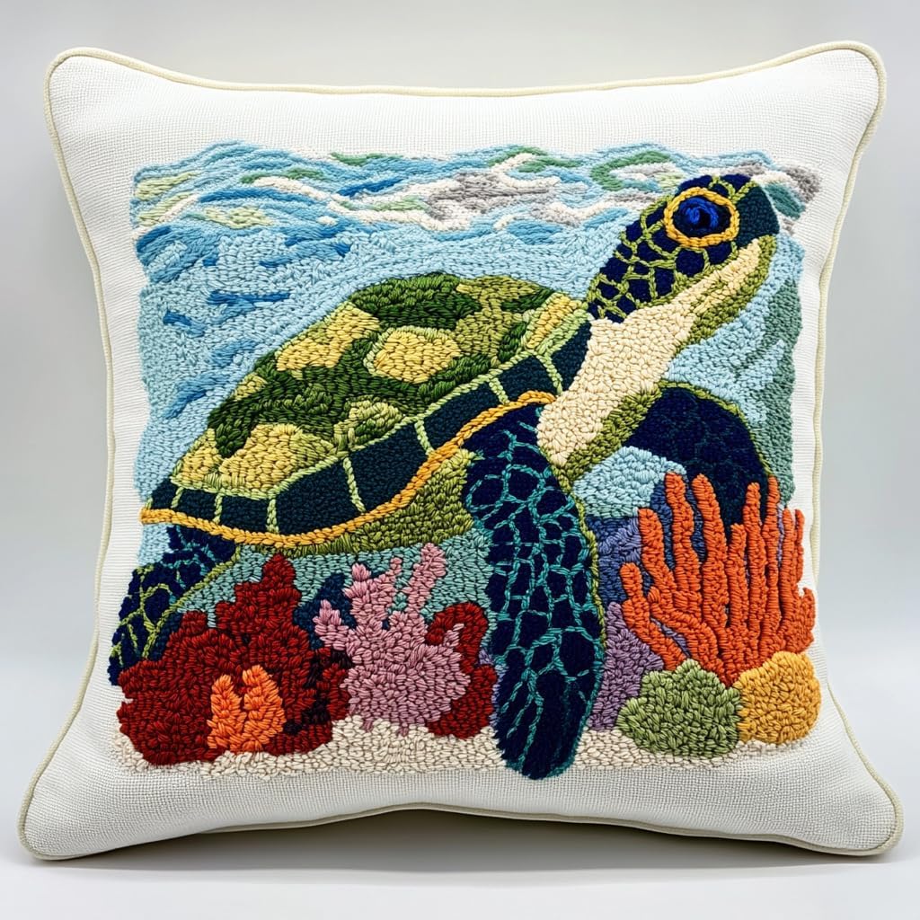 DIY Punch Needle Pillow Kit Green Sea Turtle and Corals with Pattern and Hoop Handmade Embroidery Punch Needle Starter Pillowcase Set for Home Sofa Decor 43x43cm-1-22