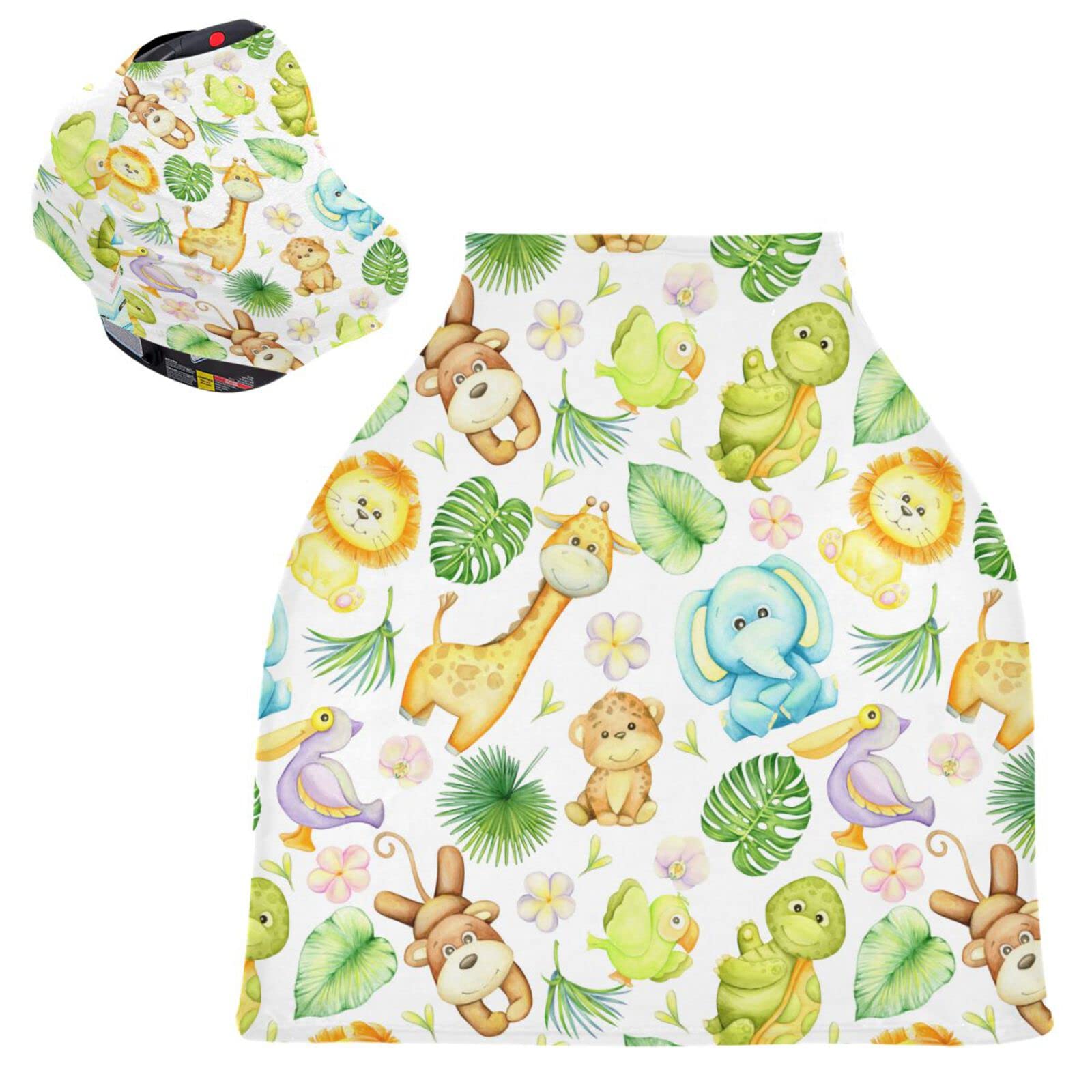 Elephant Turtle Lion Parrot Pelican Baby Car Seat Covers Leopard Monkey Zebra Carseat Canopy Soft Infant Stroller Cover Nursing Breastfeeding Covers for Girls Boys Newborn Fit Summer Spring Autumn