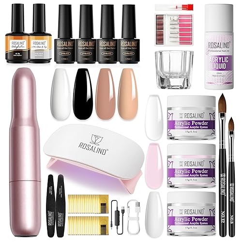 ROSALIND Kit de uñas acrílicas con taladro, juego de polvo acrílico blanco y rosa transparente y líquido, juego de esmalte de uñas de gel rosa nude,
