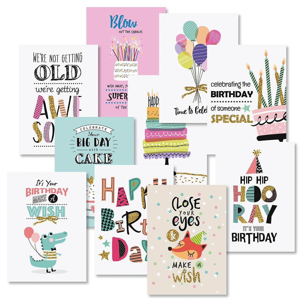 Current Simple Wishes Happy Birthday Greeting Card Set - Value Pack of 20 Cards With White Envelopes, 10 Designs, Large 5" x 7" Assortment