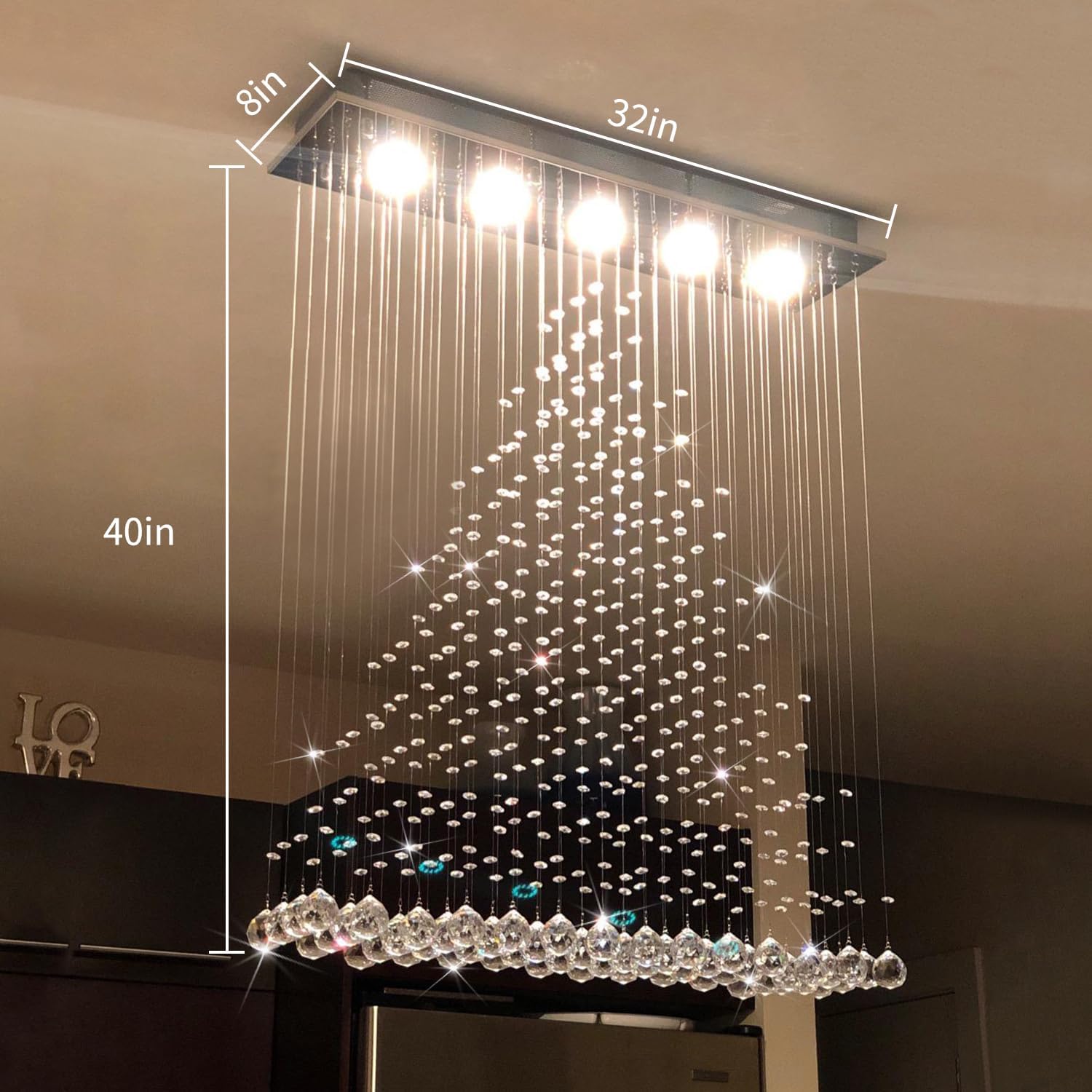 Contemporary Modern Crystal Chandelier Flush Mount Chandelier Rain Drop Lighting Led Ceiling Bathroom Fixtures Pendant Lamp for Living Dining Room Foyer Bedroom Hallway L32 X W8 X H40