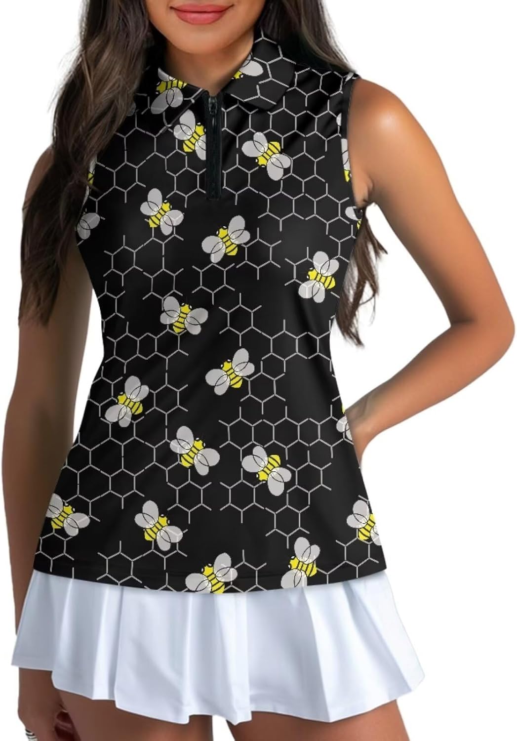 Suobstales Women's Golf Polo Shirts Sleeveless Tennis Tank Tops with Quarter Zip, Collarless Athletic Shirt for Women - Image 2