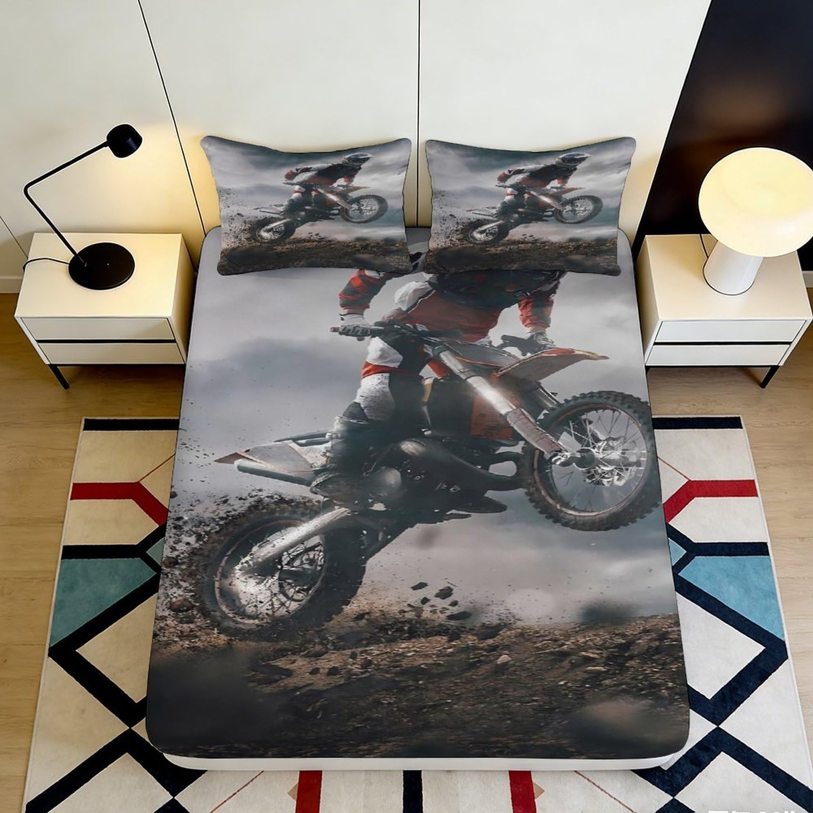 3D Printed Dirt Bike Action Fitted Sheet Microfiber Anti-Slip Motocross Scene Mattress Cover for Bedroom Decor 180x200x25cm